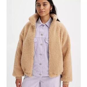 Levi's Teddy Sherpa Fleece Full Zip Jacket Sesame Brown Tan Medium Cinched NEW